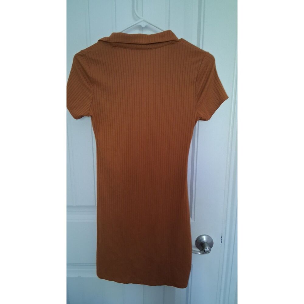 Timing Women’s Small Brown Ribbed Ruched Button Front Collared Bodycon Dress - Picture 2 of 6
